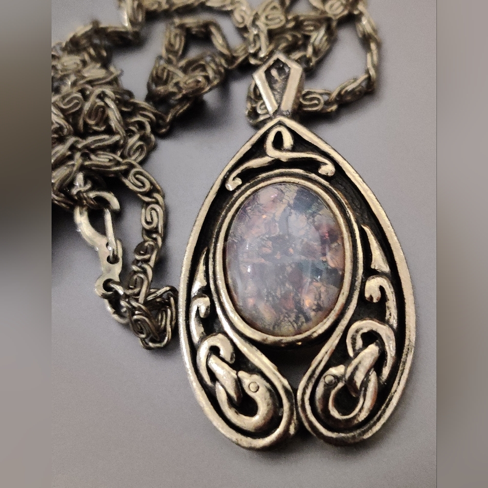 Vintage Signed Miracle Celtic Art Nouveau style necklace with a Faux Fire opal